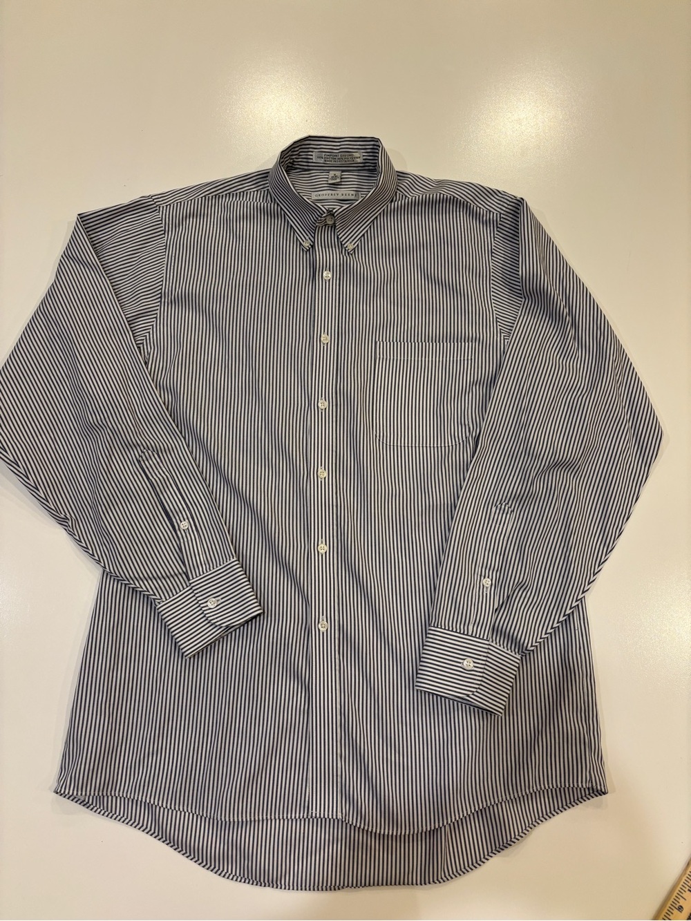 Geoffrey Beene Navy and White Pin-Striped Dress Shirt Sz 16 34/35 Wrinkle free